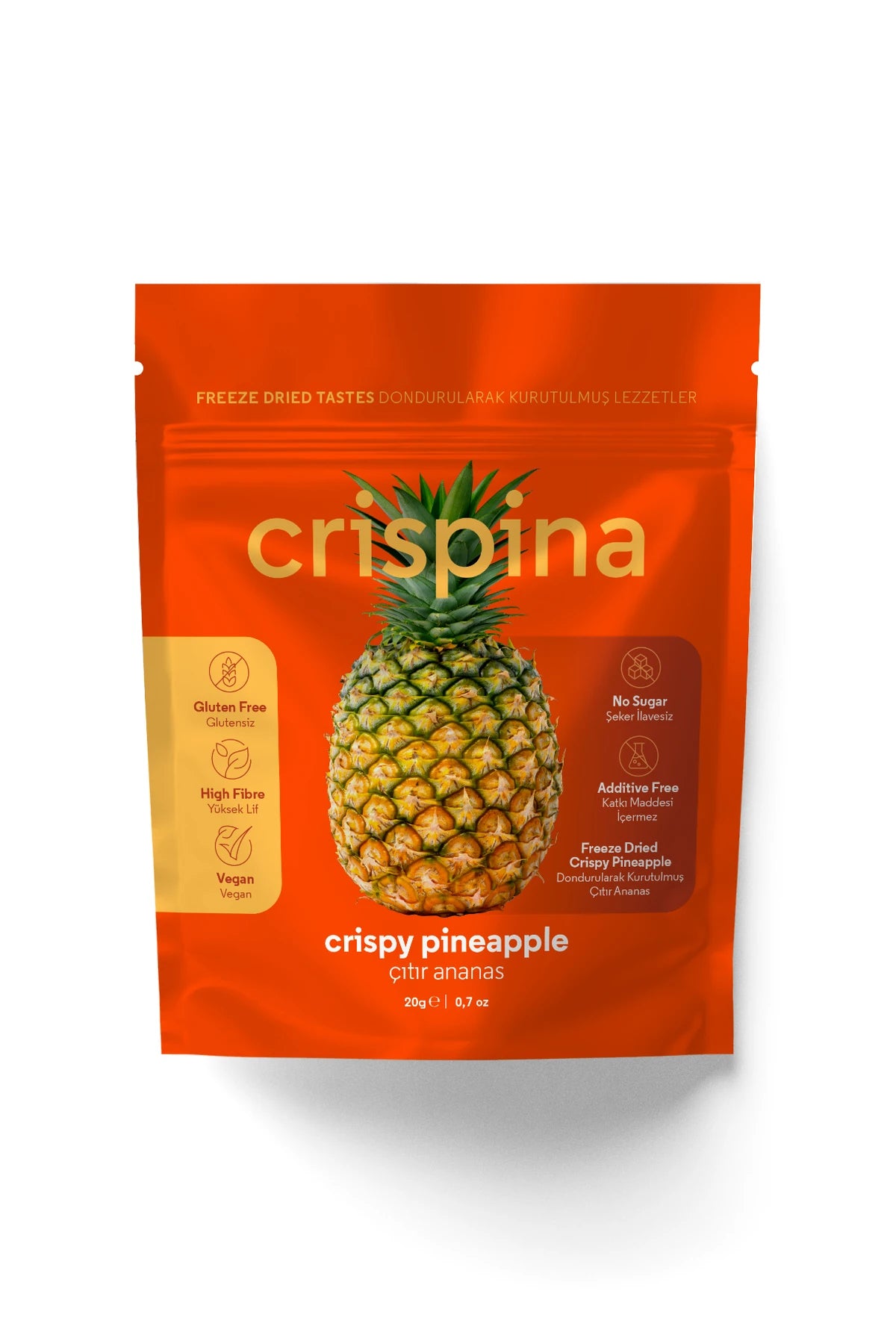 Crispina Dondurularak Kurutulmuş Çıtır Ananas 20g paket ön yüzü