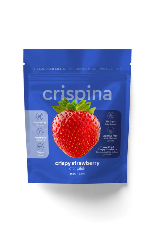 Crispina Dondurularak Kurutulmuş Çıtır Çilek 15g paket ön yüzü