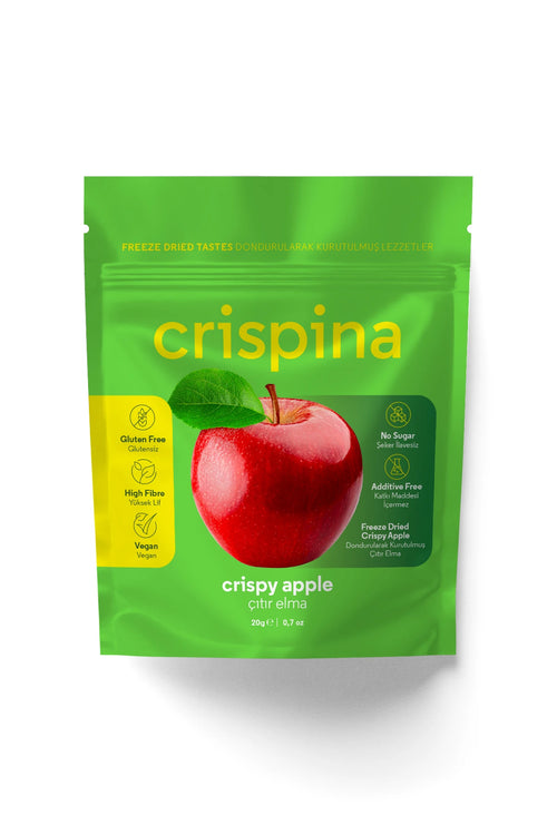 Crispina Dondurularak Kurutulmuş Çıtır Elma 20g paket ön yüzü