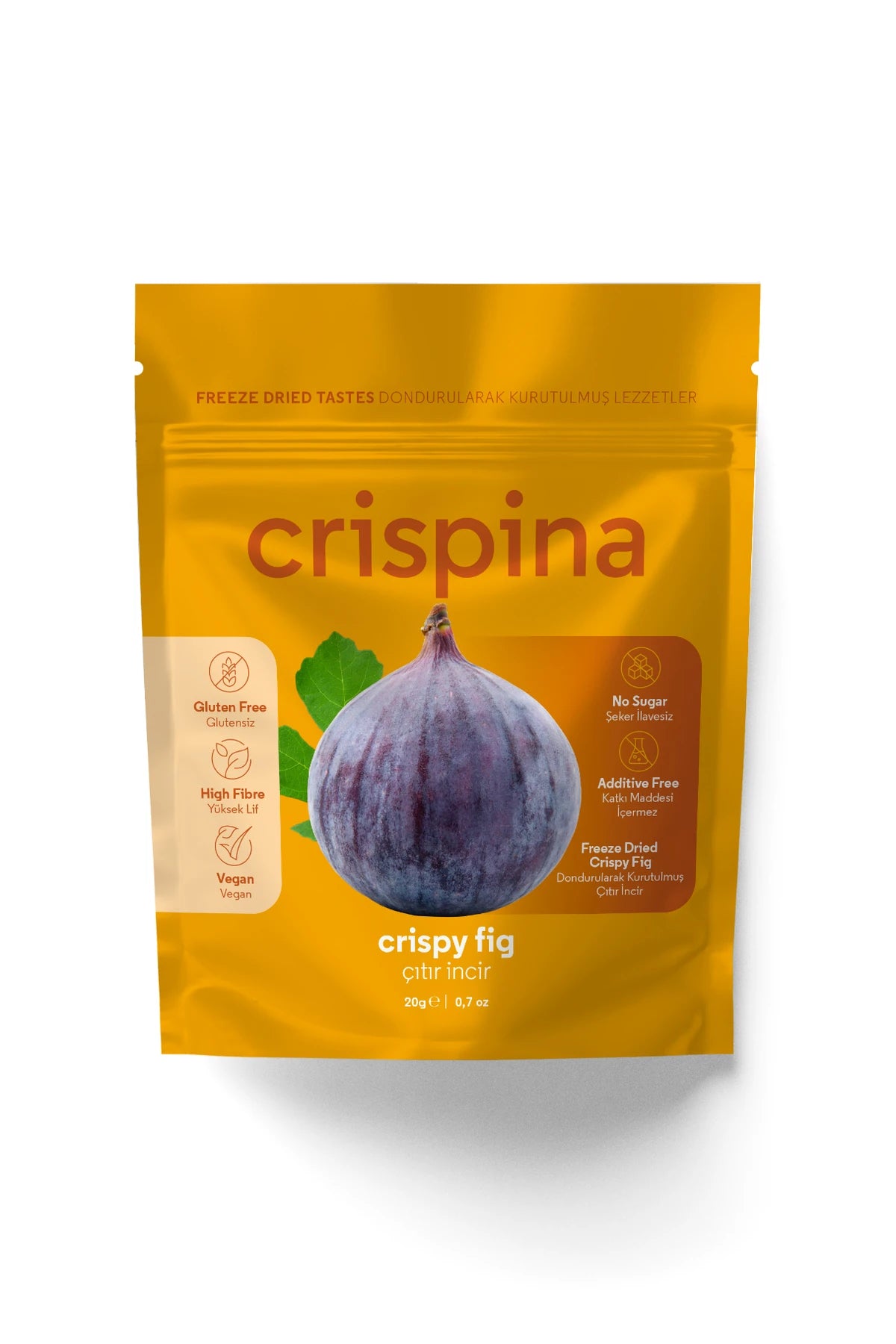 Crispina Dondurularak Kurutulmuş Çıtır İncir 20g paket ön yüzü