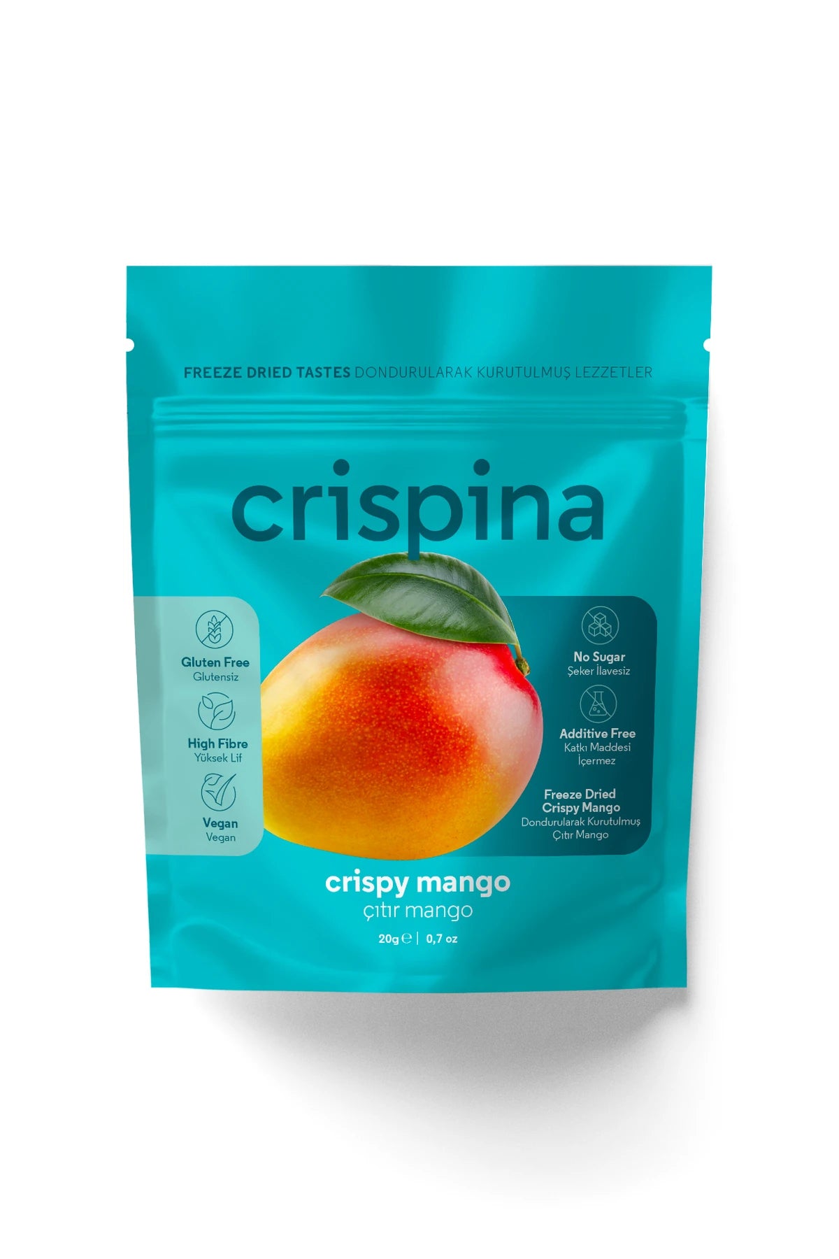 Crispina Dondurularak Kurutulmuş Çıtır Mango 20g paket ön yüzü