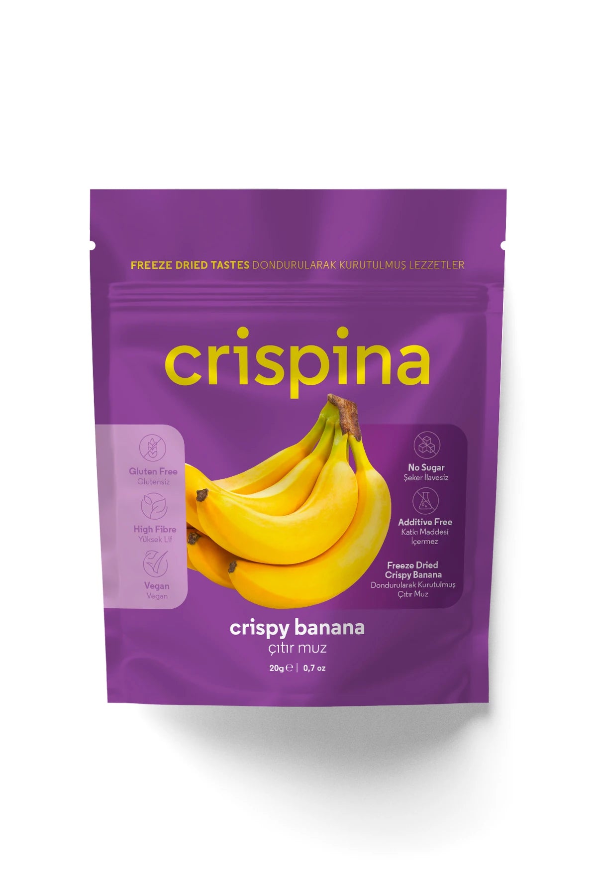 Crispina Dondurularak Kurutulmuş Çıtır Muz 20g paket ön yüzü