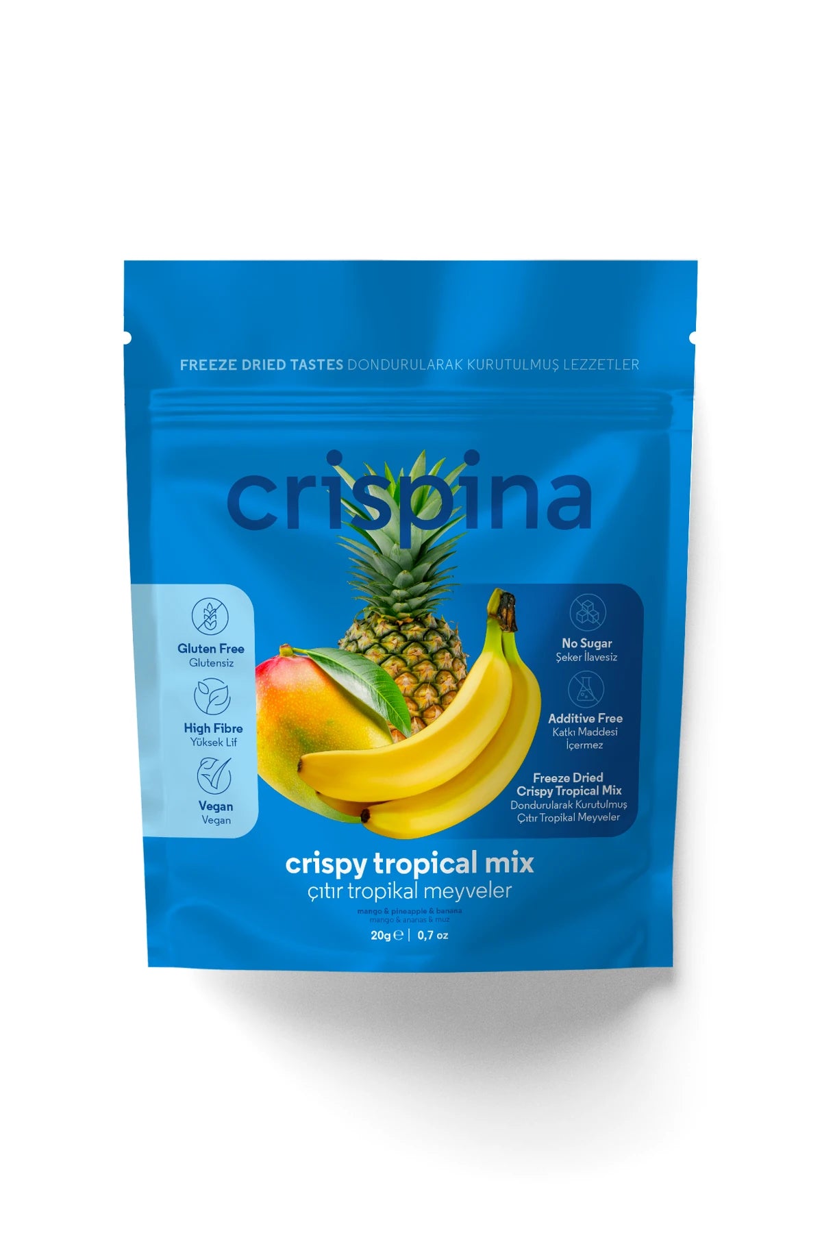 Crispina Dondurularak Kurutulmuş Çıtır Tropikal Meyveler 20g paket ön yüzü