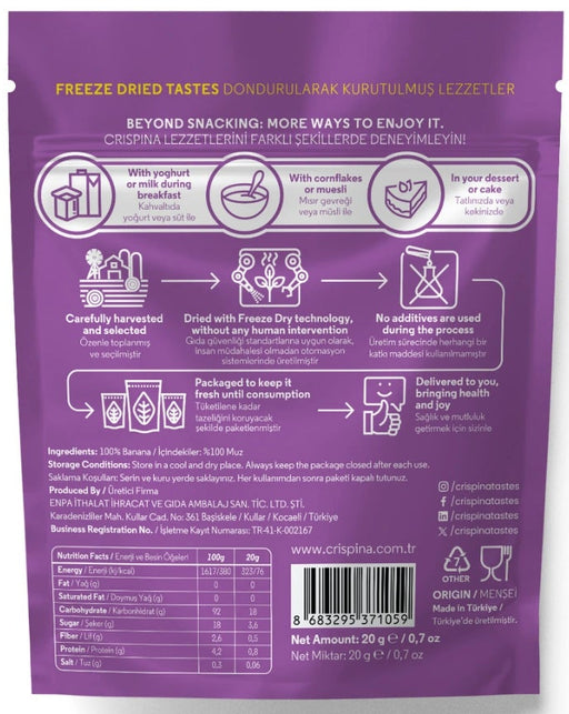 Dondurularak Kurutulmuş Muz Kalori Tablosu